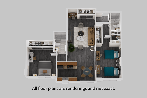 A 3D rendered image of a house layout.